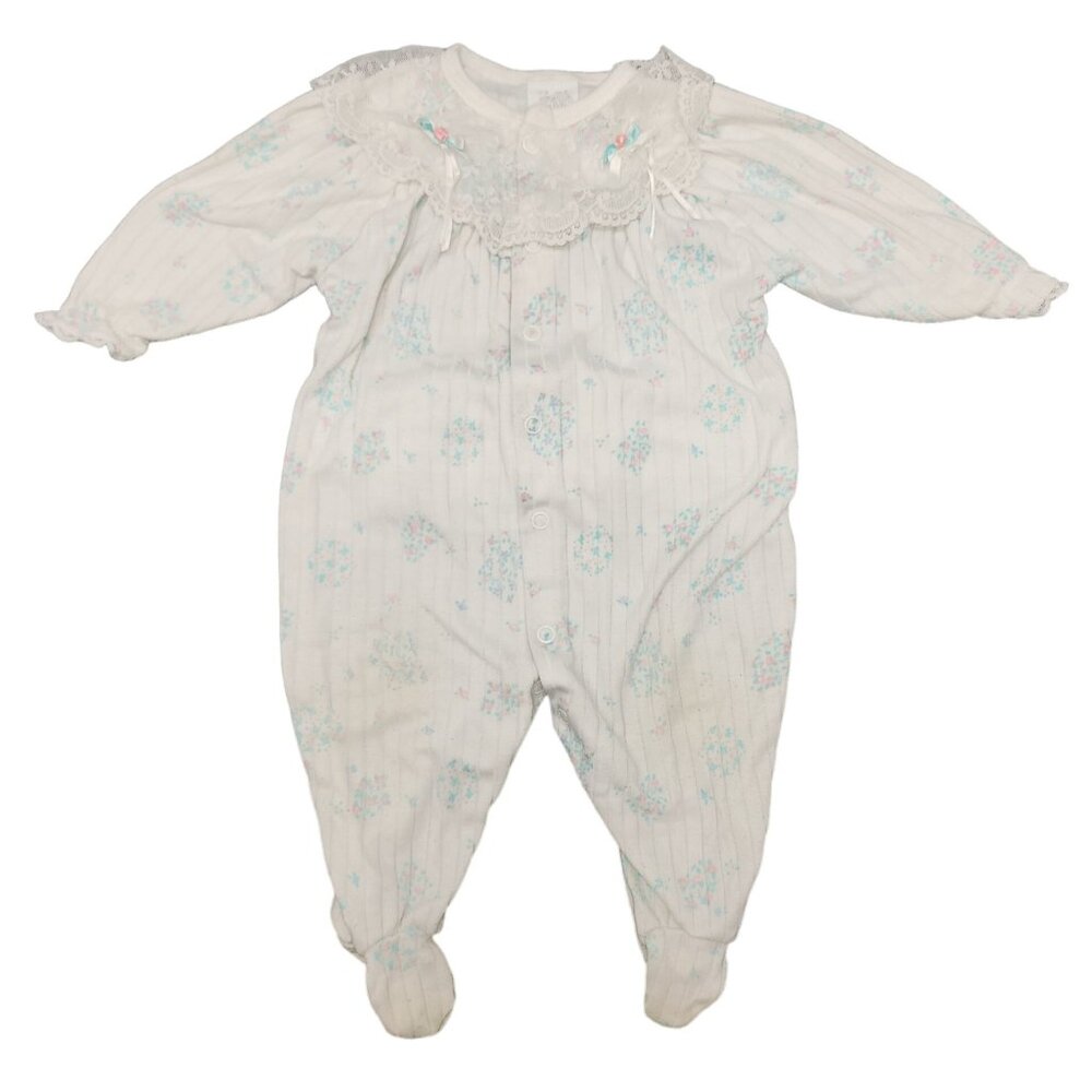 Vintage Baby Girls Teddy Bears Floral Lace Ruffles Sleeper Footed Small USA Made